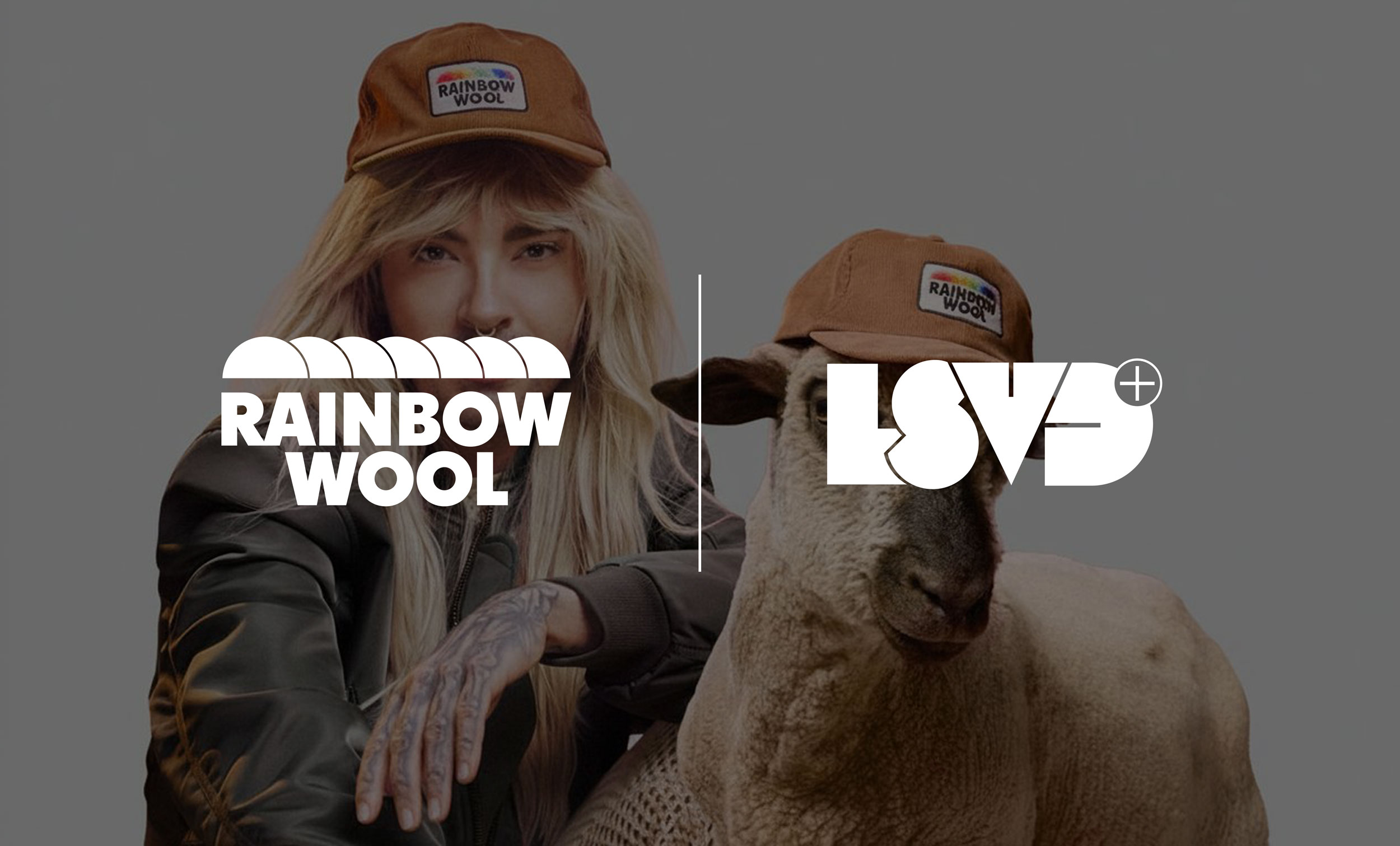 Picture of Bill Kaulitz with a sheep next to him. Both are wearing a Rainbowwool Cap. In front are the logos of the LSVD as well as from Rainbowwool.